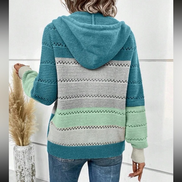 Boho color block zip up drawstring hooded knit sweater - Picture 2 of 5